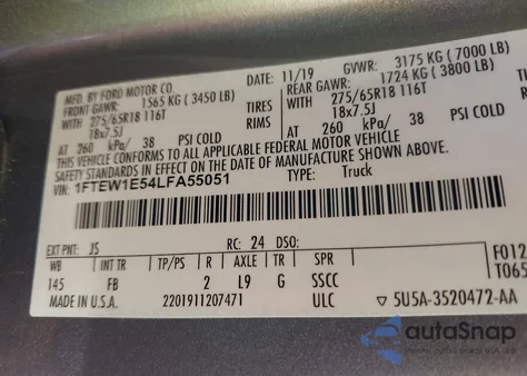 2020 Ford F-150 Xlt z USA, uszkodzony, nr VIN 1FTEW1E54LFA55051